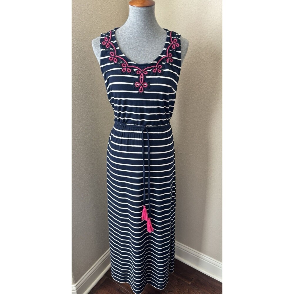 Talbots Size Medium Petite Blue Striped Embroidered Tassel-Belt Sleeveless Dress